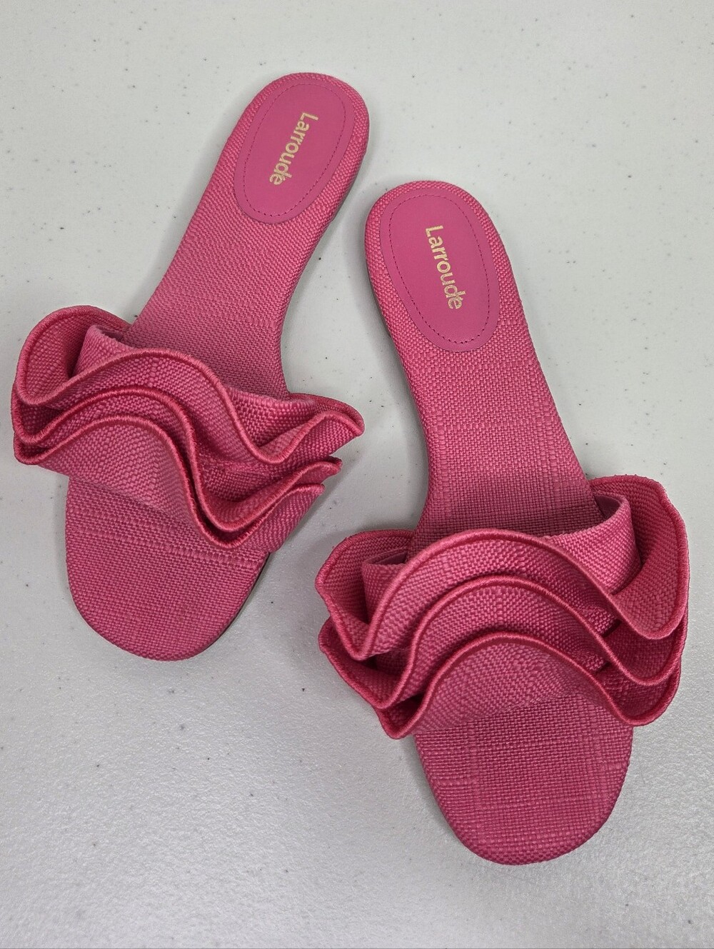 Larroude Ivy Ruffle Pink Slide Sandals